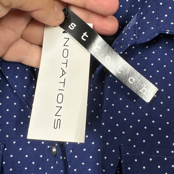 Notations Womens Size Large Polka Dot Button Up Shirt Navy Blue Roll Tab Sleeves - Picture 8 of 9